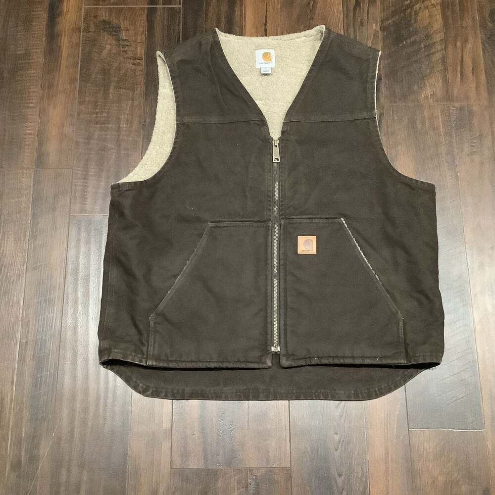 Vintage Carhartt Sherpa Lined Duck Work Vest - Brown Made In Mexico